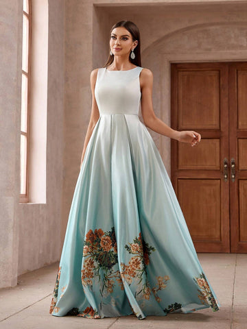 Women Simple Flower Printed Sleeveless Bridesmaid Dress