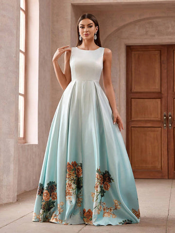 Women Simple Flower Printed Sleeveless Bridesmaid Dress