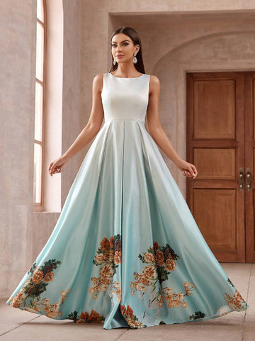 Women Simple Flower Printed Sleeveless Bridesmaid Dress