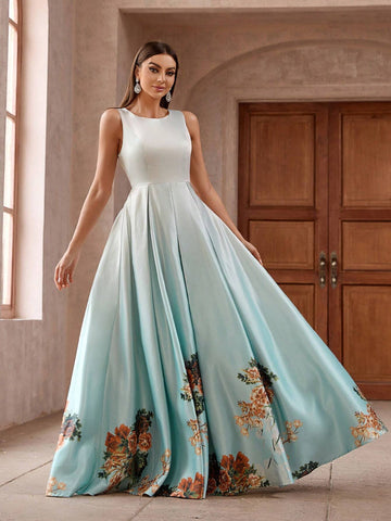Women Simple Flower Printed Sleeveless Bridesmaid Dress