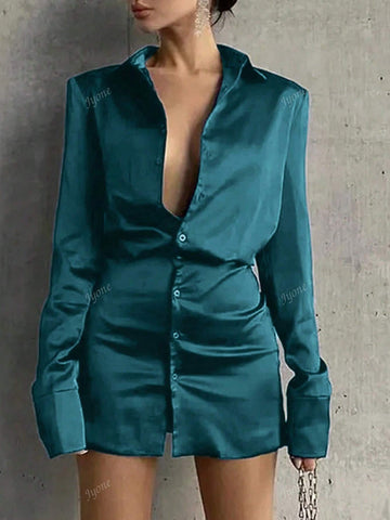 Women Simple Front Button Long Sleeve Mini Casual Dress