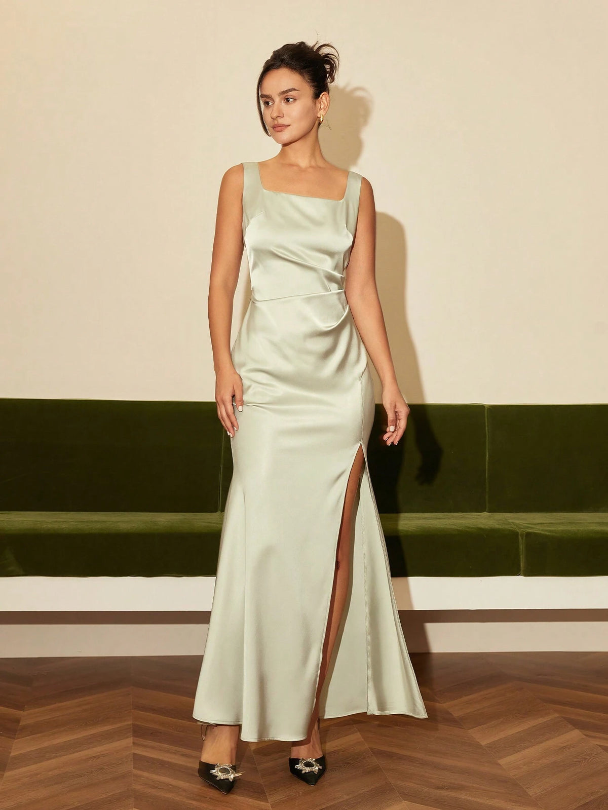 Women Simple Solid Color Split Hem Cami Dress For Bridesmaid