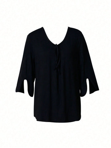 Women Simple Split Hem 3/4 Sleeve Shirt Blouse