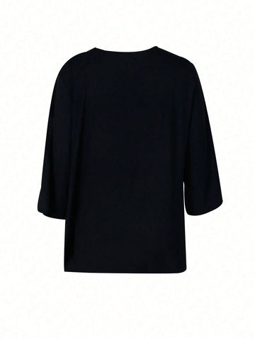 Women Simple Split Hem 3/4 Sleeve Shirt Blouse