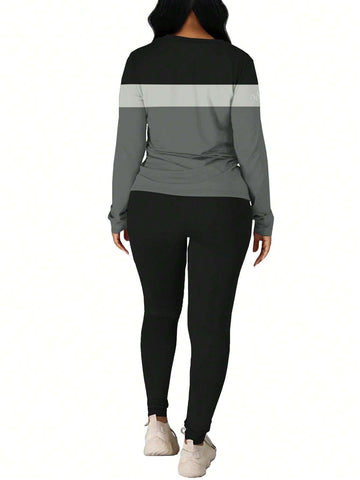 Women Simple Striped Crew Neck Long Sleeve Top And Pants Casual Suit