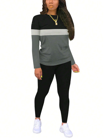 Women Simple Striped Crew Neck Long Sleeve Top And Pants Casual Suit