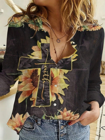 Women Simple Sunflower Cross Print Tie Front Long Sleeve Shirt