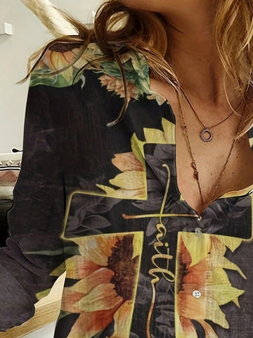 Women Simple Sunflower Cross Print Tie Front Long Sleeve Shirt