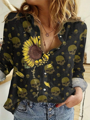 Women Simple Sunflower Skull Head Printed Button-Down Shirt With Long Sleeves