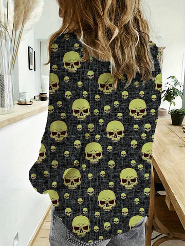 Women Simple Sunflower Skull Head Printed Button-Down Shirt With Long Sleeves