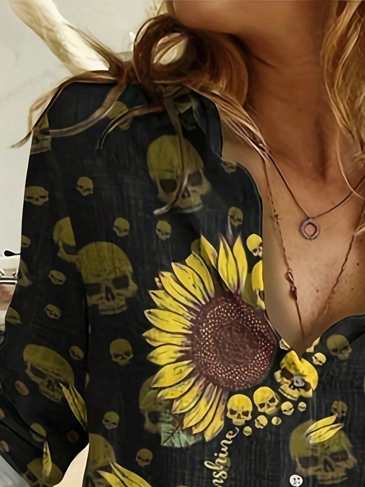 Women Simple Sunflower Skull Head Printed Button-Down Shirt With Long Sleeves