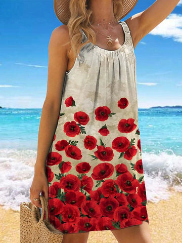 Women Sleeveless Butterfly Print Simple Short Casual Dress