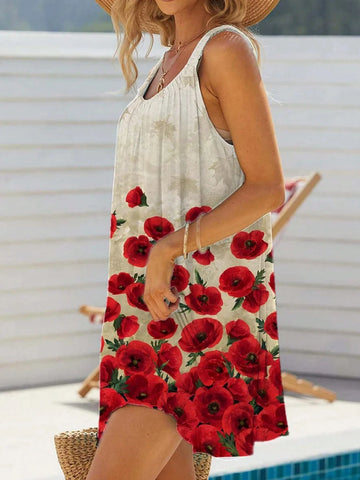 Women Sleeveless Butterfly Print Simple Short Casual Dress