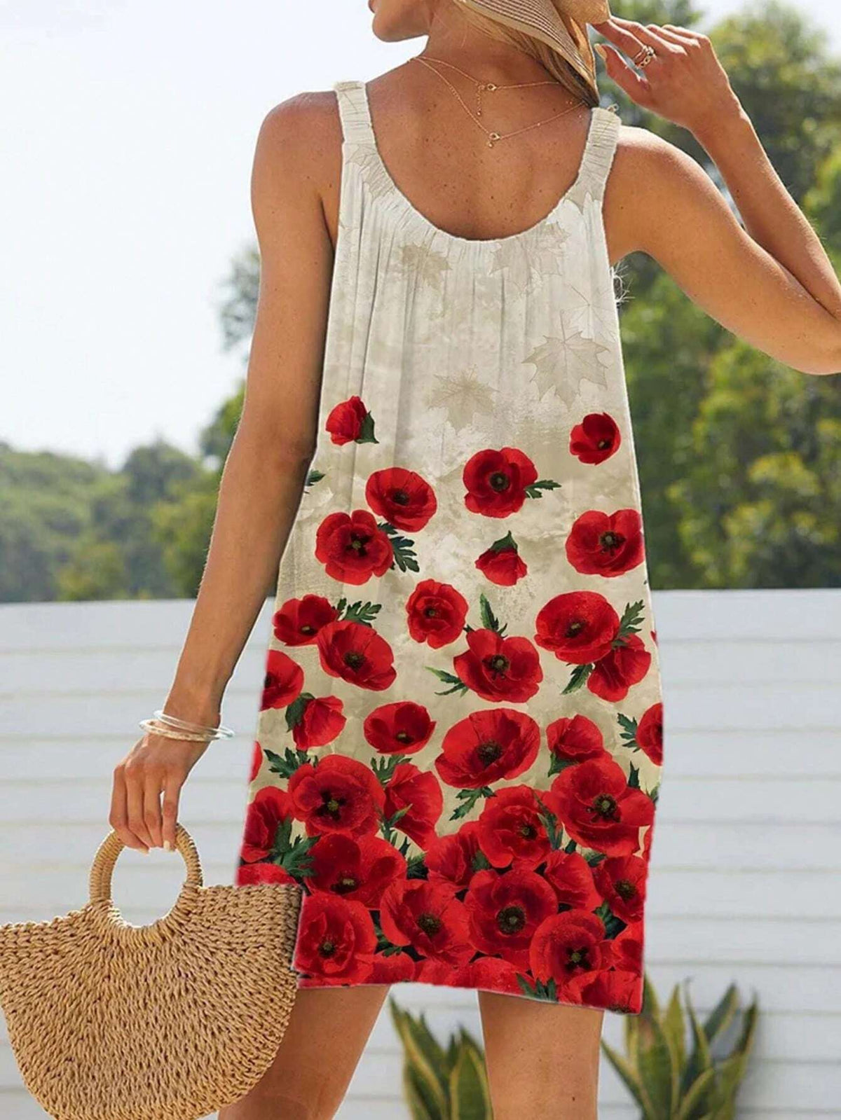 Women Sleeveless Butterfly Print Simple Short Casual Dress