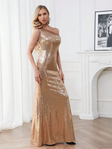 Women Sleeveless Elegant Sequin Decorated Floral Accent Evening Dress