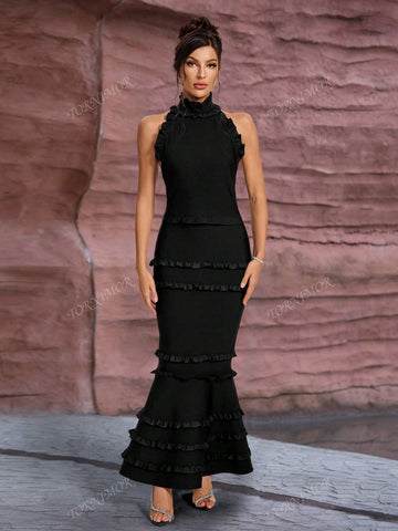 Women Sleeveless Pleated Halter Hollow Back Ruffle Design Mermaid Bandage Dress