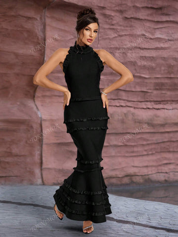 Women Sleeveless Pleated Halter Hollow Back Ruffle Design Mermaid Bandage Dress