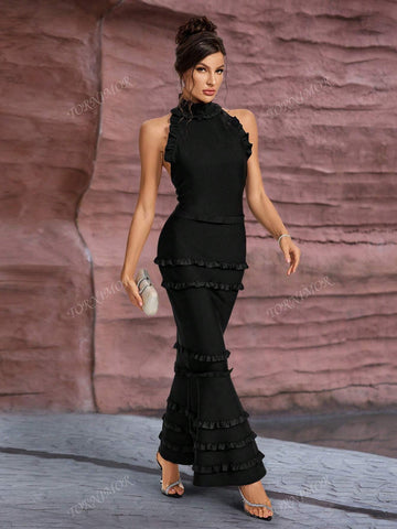 Women Sleeveless Pleated Halter Hollow Back Ruffle Design Mermaid Bandage Dress