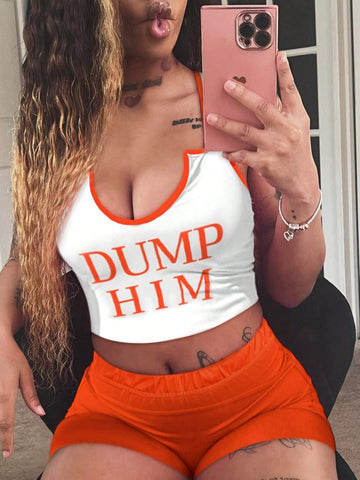 Women Sleeveless Printed Shorts 2-Piece Set, Simple Style