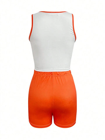 Women Sleeveless Printed Shorts 2-Piece Set, Simple Style