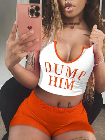 Women Sleeveless Printed Shorts 2-Piece Set, Simple Style