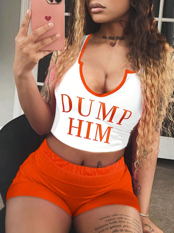 Women Sleeveless Printed Shorts 2-Piece Set, Simple Style