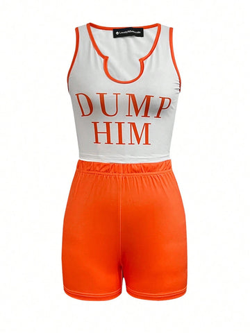 Women Sleeveless Printed Shorts 2-Piece Set, Simple Style