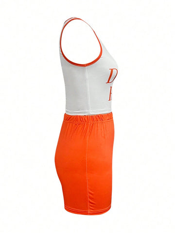 Women Sleeveless Printed Shorts 2-Piece Set, Simple Style