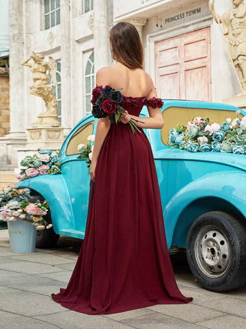 Women Solid Color 3D Flower Off Shoulder High Slit Prom Dress With Waistline And Train