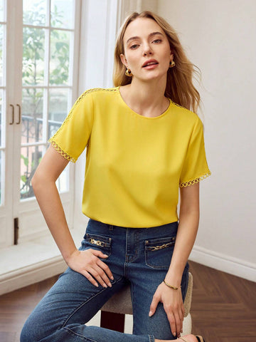 Women Solid Color Crew Neck Short Sleeve Blouse