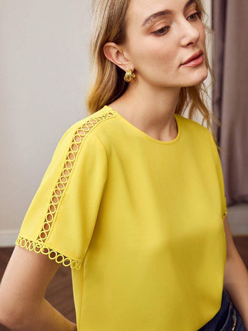 Women Solid Color Crew Neck Short Sleeve Blouse