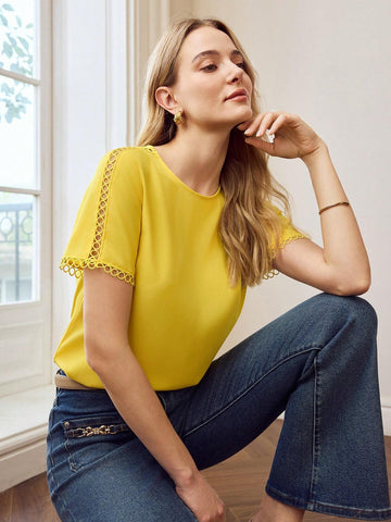 Women Solid Color Crew Neck Short Sleeve Blouse