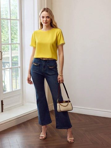 Women Solid Color Crew Neck Short Sleeve Blouse