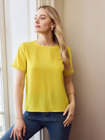 Women Solid Color Crew Neck Short Sleeve Blouse