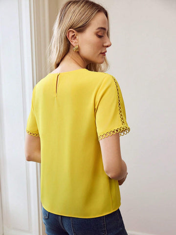 Women Solid Color Crew Neck Short Sleeve Blouse