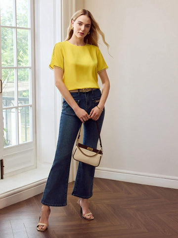 Women Solid Color Crew Neck Short Sleeve Blouse