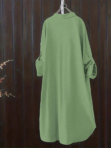 Women Solid Color Front Button Long Sleeve Casual Blouse