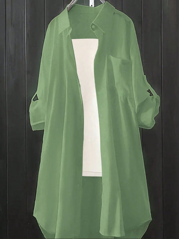 Women Solid Color Front Button Long Sleeve Casual Blouse