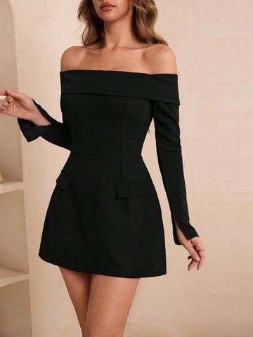 Women Solid Color Long Sleeve Minimalist Short A-Line Off Shoulder Dress, Autumn