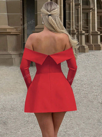 Women Solid Color Long Sleeve Short Off Shoulder A-Line Dress, Minimalist, Autumn