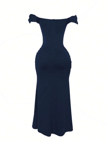 1pc Off-The-Shoulder Ruched Mermaid Formal Dress, Slimming Design, Elegant Prom Evening Dress, For Wedding Guest, Graduation, Dinner New Year Eve