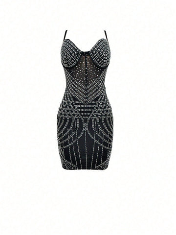 Women Solid Color Mesh Crystal Studded Camisole Mini Dress