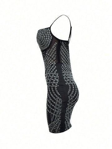 Women Solid Color Mesh Crystal Studded Camisole Mini Dress