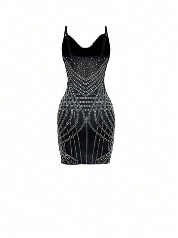 Women Solid Color Mesh Crystal Studded Camisole Mini Dress