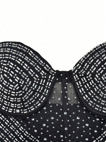 Women Solid Color Mesh Crystal Studded Camisole Mini Dress