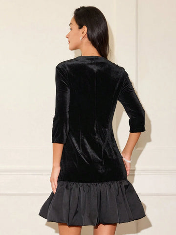 Women Solid Color Midi V-Neck Ruffle Hem Elegant Short Dress