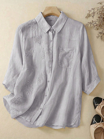 Women Solid Color Minimalist Embroidered Blouse