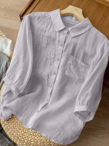 Women Solid Color Minimalist Embroidered Blouse