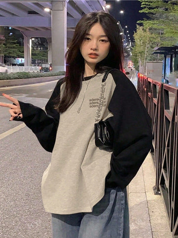 Women Solid Color Patchwork Round Neck Long Sleeve Casual Top