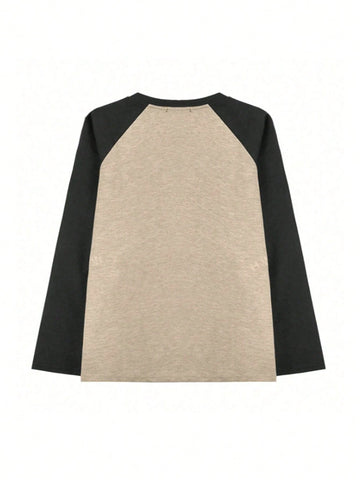 Women Solid Color Patchwork Round Neck Long Sleeve Casual Top